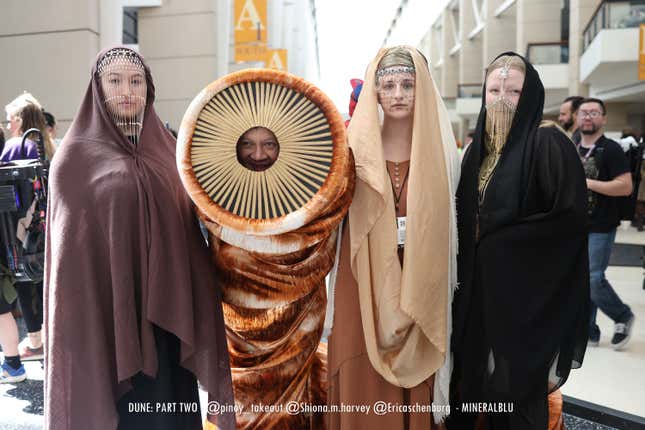 A collection of Dune cosplayers stand together. 