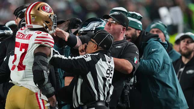 Dre Greenlaw gets into an altercation with Philadelphia Eagles head of security “Big Dom” DiSandro