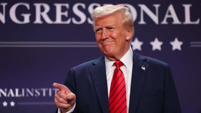 U.S. President Donald Trump acknowledges the crowd before addressing the 2025 Republican Issues Conference at the Trump National Doral Miami on January 27, 2025 in Doral, Florida. 