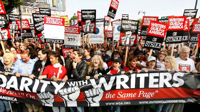 Striking members of the Writers Guild of America, West rally in Hollywood, California November 20, 2007.