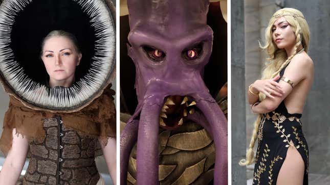 Three images of cosplayers from Dragon Con 2024.