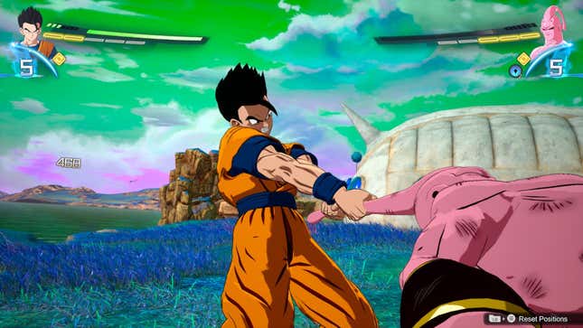 Gohan swings Super Buu around by his antenna.