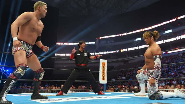 Kazuchika Okada and Hiroshi Tanahashi face off at the opening night of the 2019 G1 Climax in Dallas.