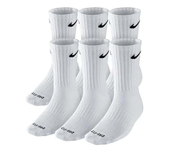 Image for article titled NIKE Dri-FIT Cushion Crew Training Socks (6 Pair) White With Traditional Black Swoosh Logo ADULT LARGE 8-12 UNISEX, Now 14% Off