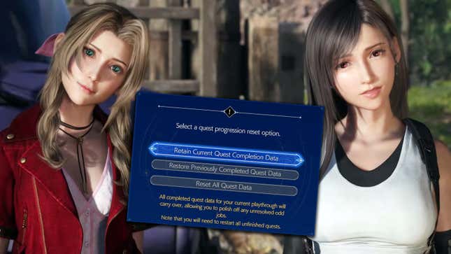 Tifa and Aerith have a look of confusion while a set of menu options for reseting side-quest progress floats in betwen them.
