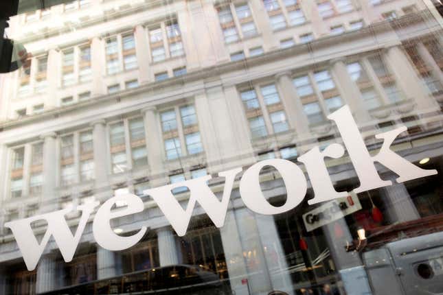 FILE - The WeWork logo is seen at one of the company's offices, Jan. 16, 2020, in New York. WeWork expects to emerge from bankruptcy by the end of May 2024, the embattled co-working space provider said this week, as the company pointed to lease restructuring efforts set to bring in an estimated $8 billion in future rental savings. In an update Tuesday, April 2, 2024, WeWork said it had “determined a final path forward” 90% of the locations in the company's global real estate portfolio. (AP Photo/Mark Lennihan, File)