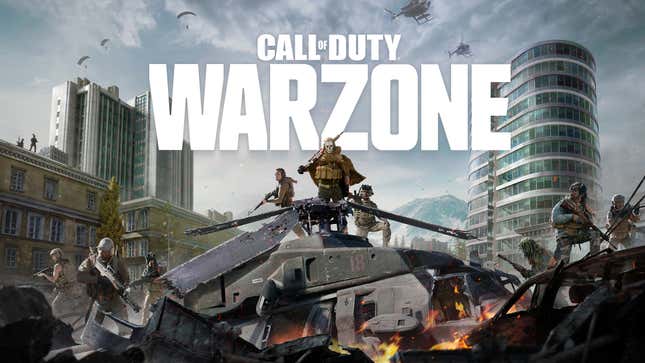 Ghost stands atop a downed helicopter with two other operators in an official Call of Duty: Warzone image. 