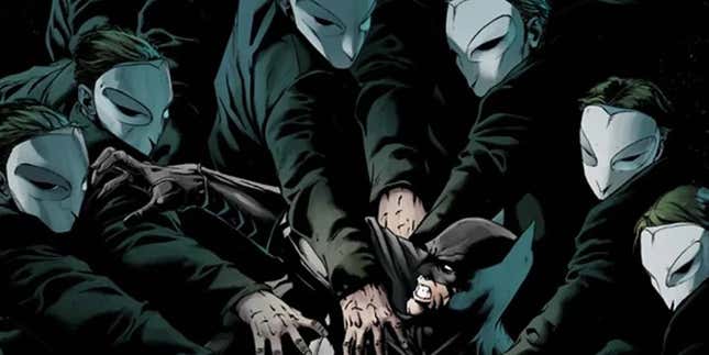 An illustration of The Court of Owls from a Batman comic book panel.