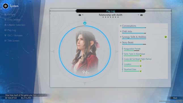 A screenshot of a menu shows character progress with Aerith.