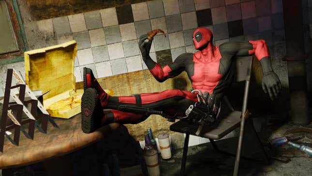 Deadpool sits on a chair, eating pizza.