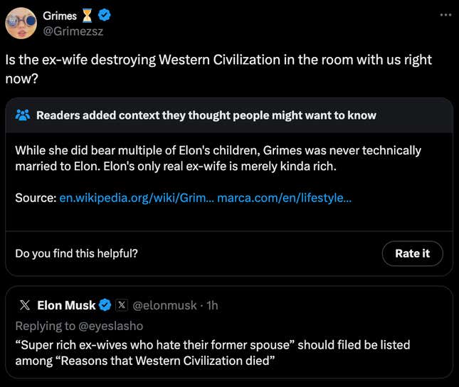 Otro tuit falso más que pretende mostrar una nota comunitaria en un tuit de Grimes. El tuit de Musk es lo único real en este imagen.
