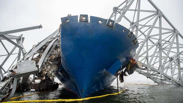 The bow of the container ship Dali is seen in the wreckage of Francis Scott Key Bridge, on April 2, 2024, a week after it hit a structural pier causing a catastrophic bridge collapse.
