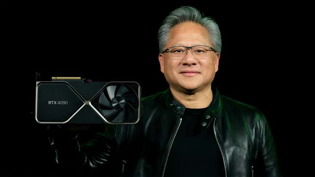 Never without his leather, Nvidia CEO Jensen Huang holds up an RTX 4090 GPU.