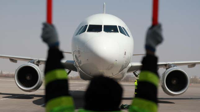 A plane arrives at Lanzhou Zhongchuan International Airport