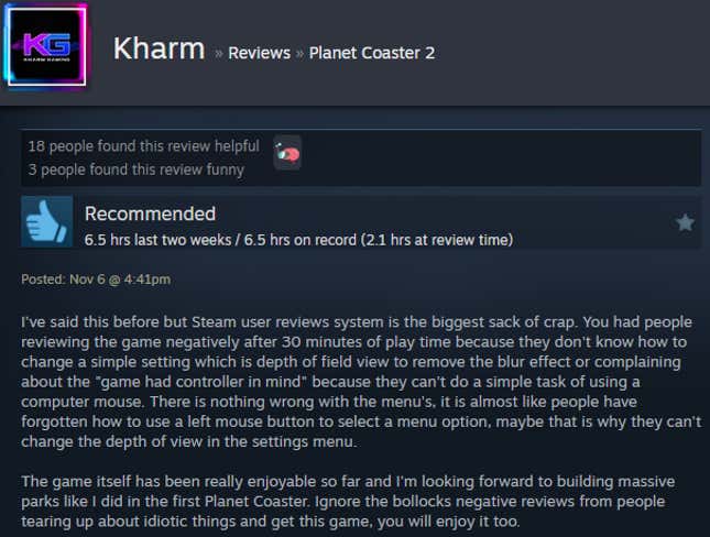 A screenshot shows a Steam user review of Planet Coaster 2.