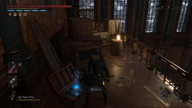 The protagonist opens a chest.