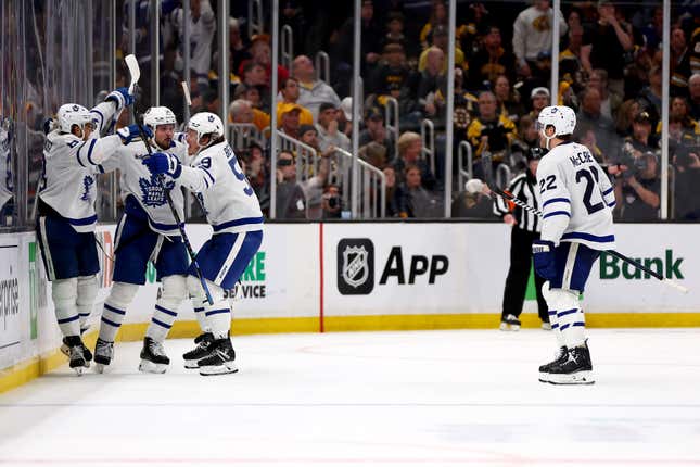 BOSTON, MASSACHUSETTS - MAY 04: William Nylander #88 of the Toronto Maple Leafs celebrates with Auston Matthews #34 and Tyler Bertuzzi #59 after scoring a goal on Jeremy Swayman #1 of the Boston Bruins during the third period in Game Seven of the First Round of the 2024 Stanley Cup Playoffs at TD Garden on May 04, 2024 in Boston, Massachusetts. (Photo by Maddie Meyer/Getty Images)