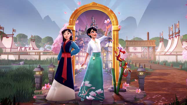 Mulan, an unnamed character, and Mushu stand before a portal door.