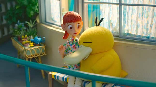 Haru sits with Psyduck outside the resort.