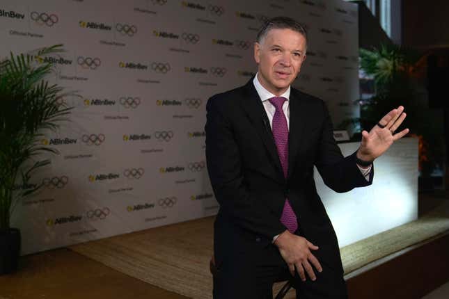 Anheuser-Busch InBev CEO Michel Doukeris speaks during an interview in London, Friday, Jan. 12, 2024. The International Olympic Committee has signed Anheuser-Busch InBev as the first beer brand in the 40-year history of its sponsorship program, which earns billions of dollars for the organization and international sports. (AP Photo/Kin Cheung)