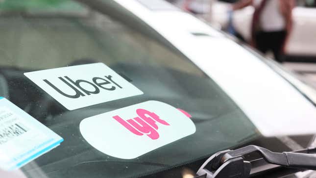 A Lyft decal is seen on a car in the pick-up area at JFK Airport on April 28, 2023 in New York City