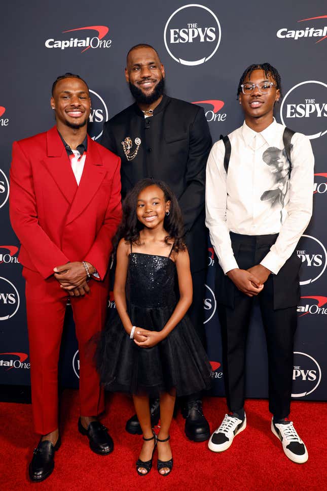 (L-R) Bronny James, LeBron James, Zhuri James, and Bryce James attend The 2023 ESPY Awards at Dolby Theatre on July 12, 2023 in Hollywood, California.