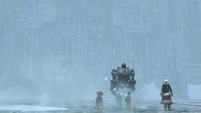 Final Fantasy 14 characters stand in the snow while looking at a massive gate. 