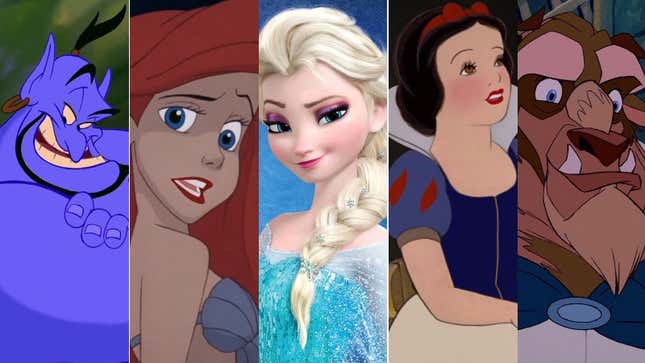 Composited image left to right: Disney's animated Genie, the Little Mermaid, Elsa, Snow White, and the Beast.