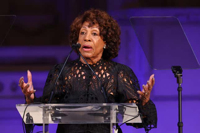 LOS ANGELES, CALIFORNIA - DECEMBER 03: Maxine Waters speaks onstage at A New Way Of Life, women re-entry program, gala hosted by Felicity Huffman and William H. Macy on December 03, 2023 in Los Angeles, California.