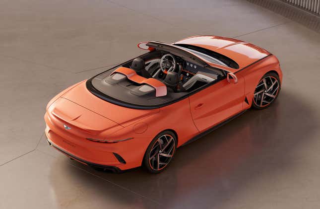 Rear 3/4 view of an orange Bentley Batur Convertible