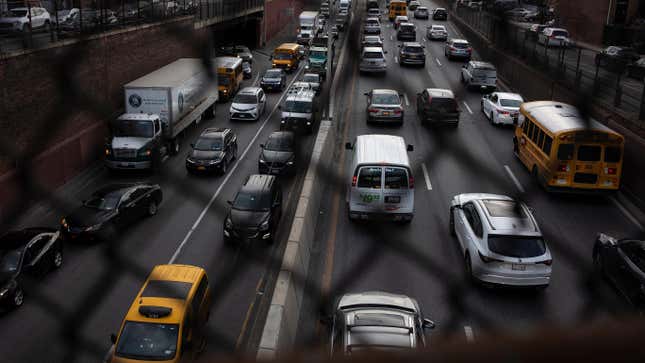 Evening traffic crawls in both directions on the Brooklyn Queens Expressway