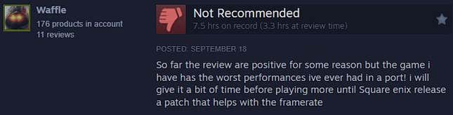 FF16 steam review that reads:  So far the review are positive for some reason but the game i have has the worst performances ive ever had in a port! i will give it a bit of time before playing more until Square enix release a patch that helps with the framerate