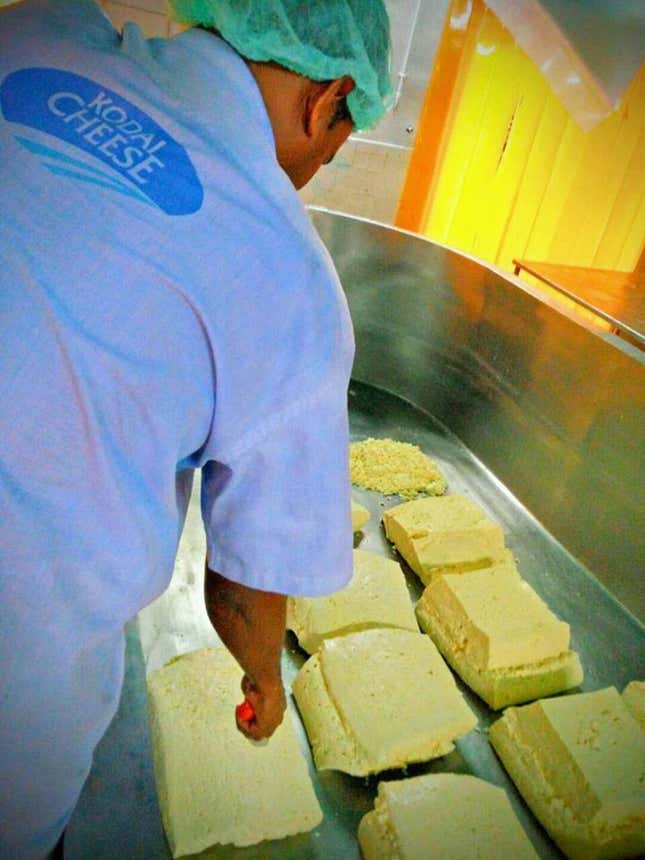 An employee making cheddar inside the Kodai Cheese factory.
