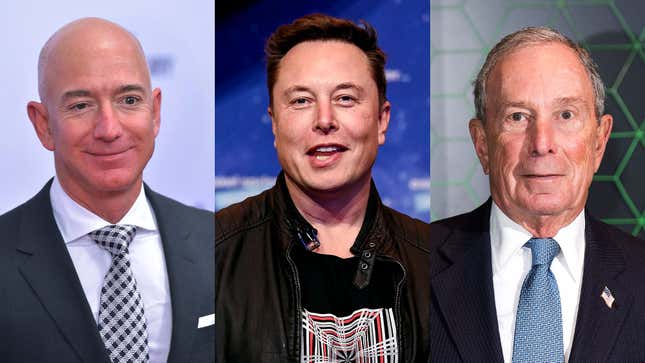 Images of Jeff Bezos, Elon Musk, and Michael Bloomberg
