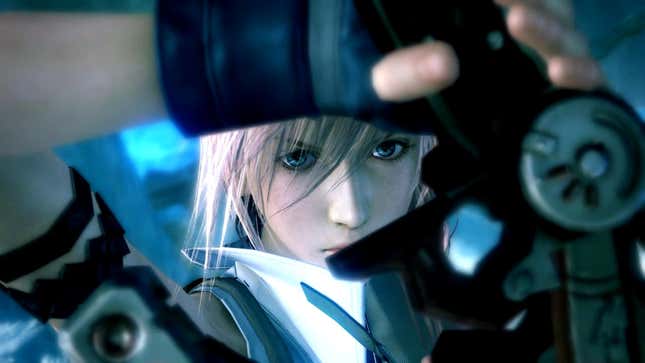 Lightning peeks through her gun blade. 