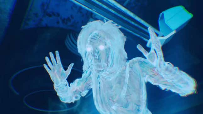 A ghostly figure appears to be in distress in an image from the Shattered Space release date reveal trailer.