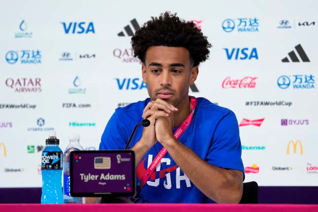 Tyler Adams of the United States attends a press conference on the eve of the group B World Cup soccer match between Iran and the United States in Doha, Qatar, Monday, Nov. 28, 2022.