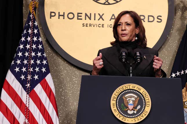 WASHINGTON, DC - SEPTEMBER 23: Vice President Kamala Harris speaks onstage at the Congressional Black Caucus Foundation Annual Legislative Conference Phoenix Awards on September 23, 2023 in Washington, DC.