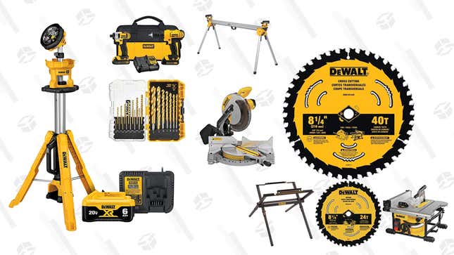 Dewalt 20V Max Cordless Drill Combo Kit | $149
Dewalt 20V MAX LED Work Light | $189 | Amazon
Dewalt Table Saw Stand, 10-in &amp; Table Saw | $369 | Amazon
Dewalt Miter Saw Stand with 12-Inch Miter Saw | $299 | Amazon