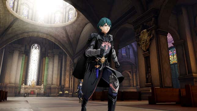 A man with grean hair and black armor is seen running in a cathedral.