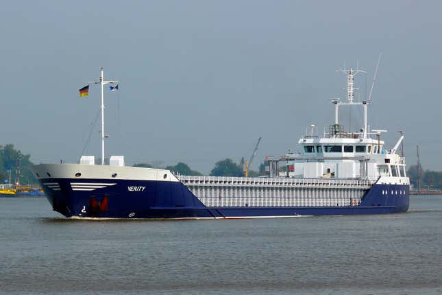 FILE - The freighter &quot;Verity&quot; is seen off Kiel in Germany, Oct. 5, 2014. German authorities say two cargo ships have collided in the North Sea off the German coast and one vessel apparently sank. One sailor died and four are missing. Germany’s Central Command for Maritime Emergencies said the ships, Polesie and Verity, collided early on Tuesday, Oct. 24, 2023 about 22 kilometers, about 14 miles, southwest of the island of Helgoland. (Dietmar Hasenpusch/dpa via AP)