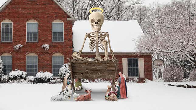 Image for article titled Home Depot Introduces New 12-Foot-Tall Baby Jesus Skeleton