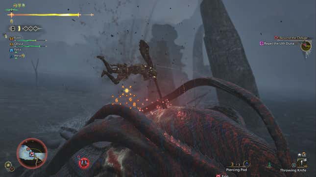 A hunter attacks a wound on a monster.