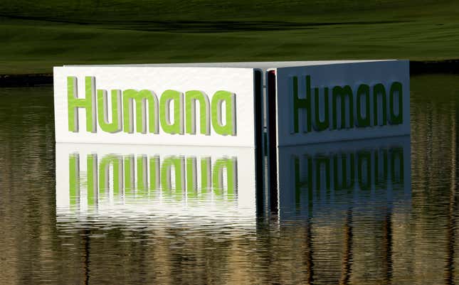 FILE - A Humana logo is seen in a lake on the Palmer Private Course at PGA West during the first round of the Humana Challenge PGA golf tournament in La Quinta, Calif., in this Jan. 17, 2013, file photo. Shares of Humana are tumbling after the health insurer said it was still dealing with higher-than-expected care costs from its Medicare Advantage customers and it chopped earnings expectations. The health insurer said Thursday, Jan. 18, 2024 that its Medicare Advantage patients used more inpatient care than it expected in November and December. (AP Photo/Ben Margot, File)