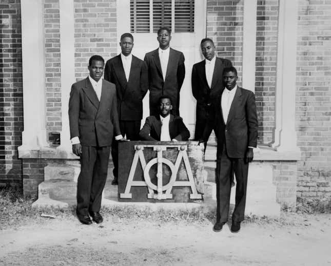 Portrait of male university students and Alpha Phi Alpha fraternity members&amp;nbsp;at Claflin University in Orangeburg, South Carolina in the 1950s.