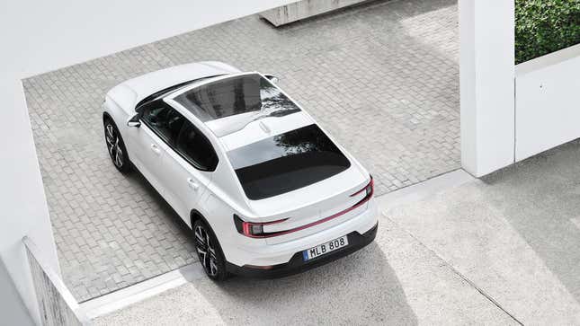 Overhead rear-quarter image of a white Polestar 2