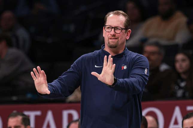 Oct 16, 2023; Brooklyn, New York, USA; Philadelphia 76ers head coach Nick Nurse reacts during the second half against the Brooklyn Nets at Barclays Center.