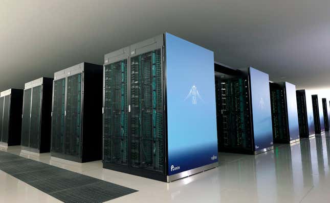 rows of servers with a blue photo on the end with a snowy mountain