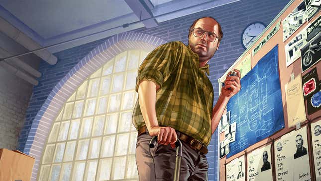 GTA V character Lester stands in from of some sort of evidence board.