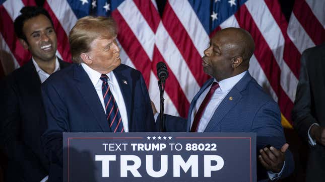Image for article titled &#39;Trump, I Just Love You:&#39; Tim Scott And Vivek Ramaswamy, Stop Tap Dancing For Donald Trump